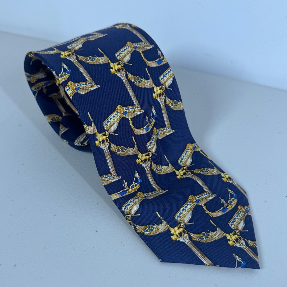 Trevisan Venezia Silk Elegant Navy and Gold Mens Tie Gondola Print Made in Italy - Picture 2 of 16